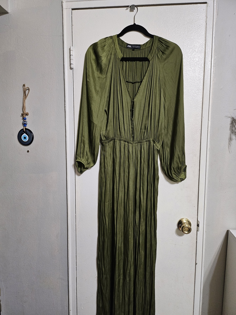 Zara Olive Green Pleated Maxi Jumpsuit with V-Neck